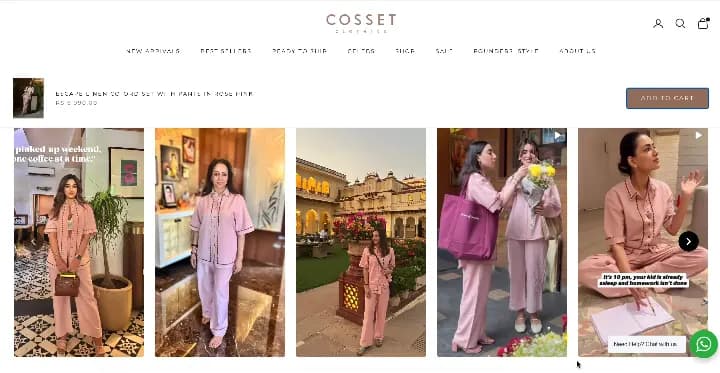 Customer photo carousel under the buy box on a cossetclothing.com product page