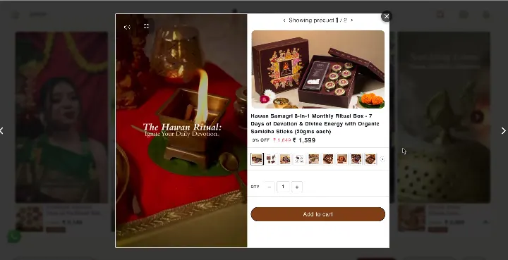 Customer video with the tagged product and Add to cart open beside it on ritualistic.in