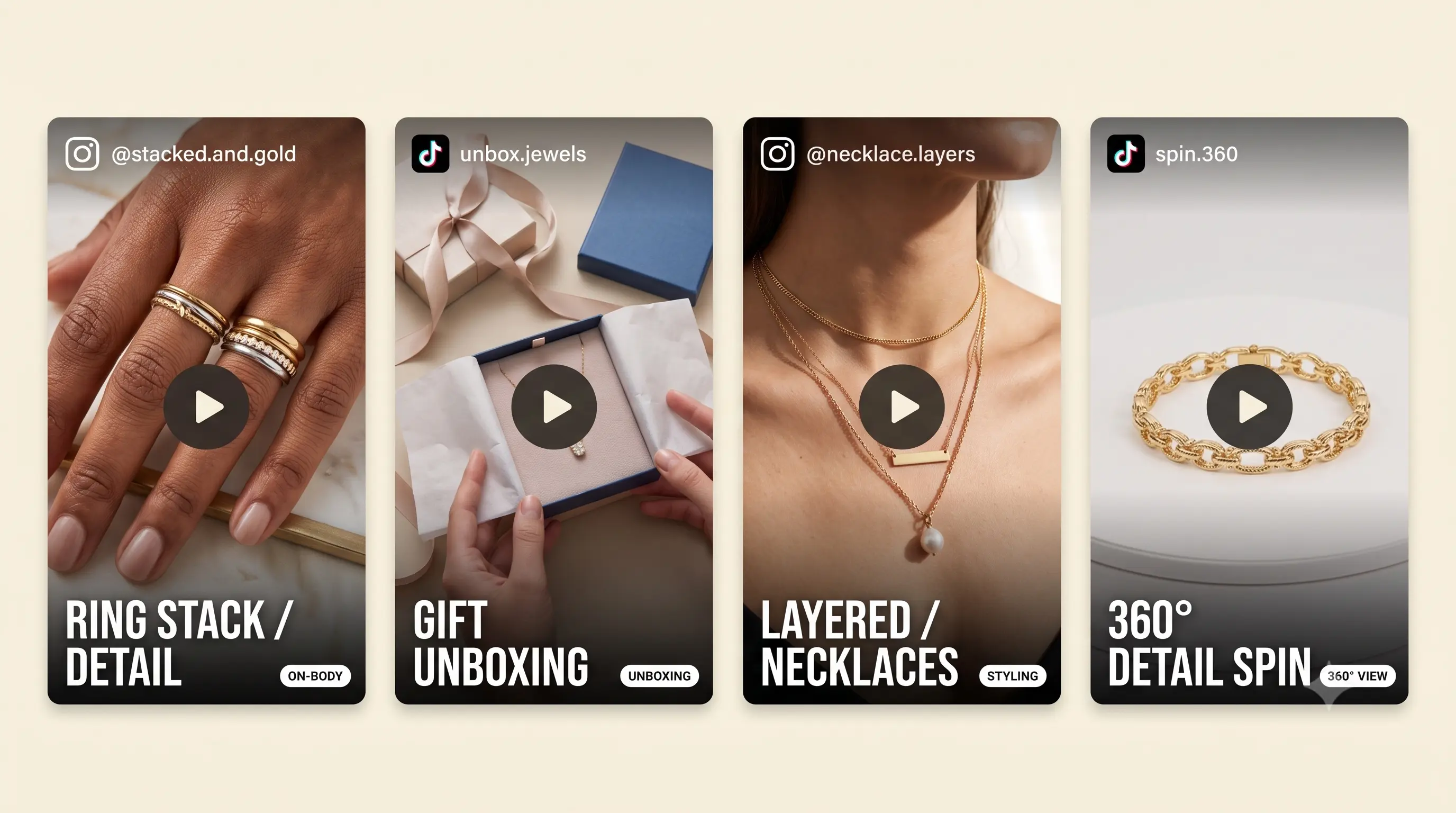 Sample shoppable UGC cards for jewellery: macro ring detail, layered necklaces, lifestyle styling