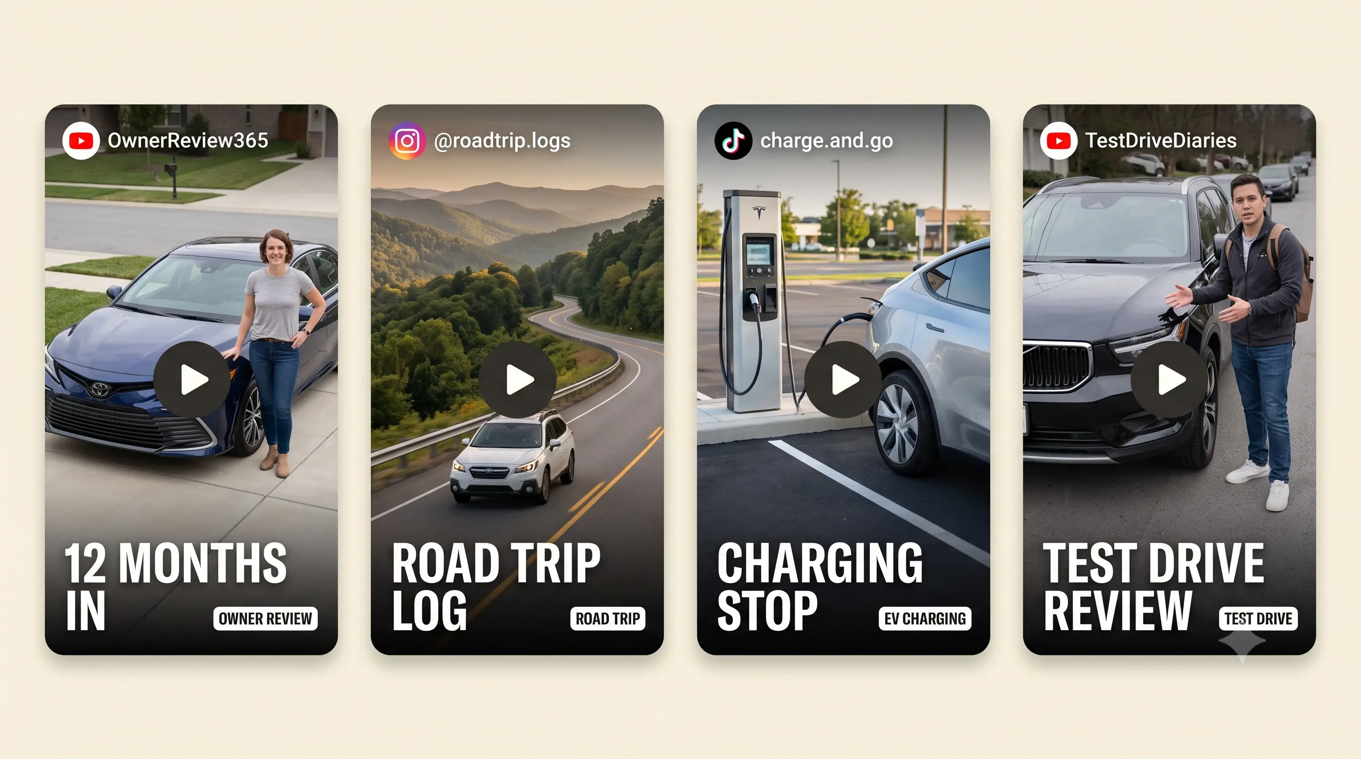 Sample shoppable UGC cards for automobiles: road-trip reel, ownership review, EV charging moment
