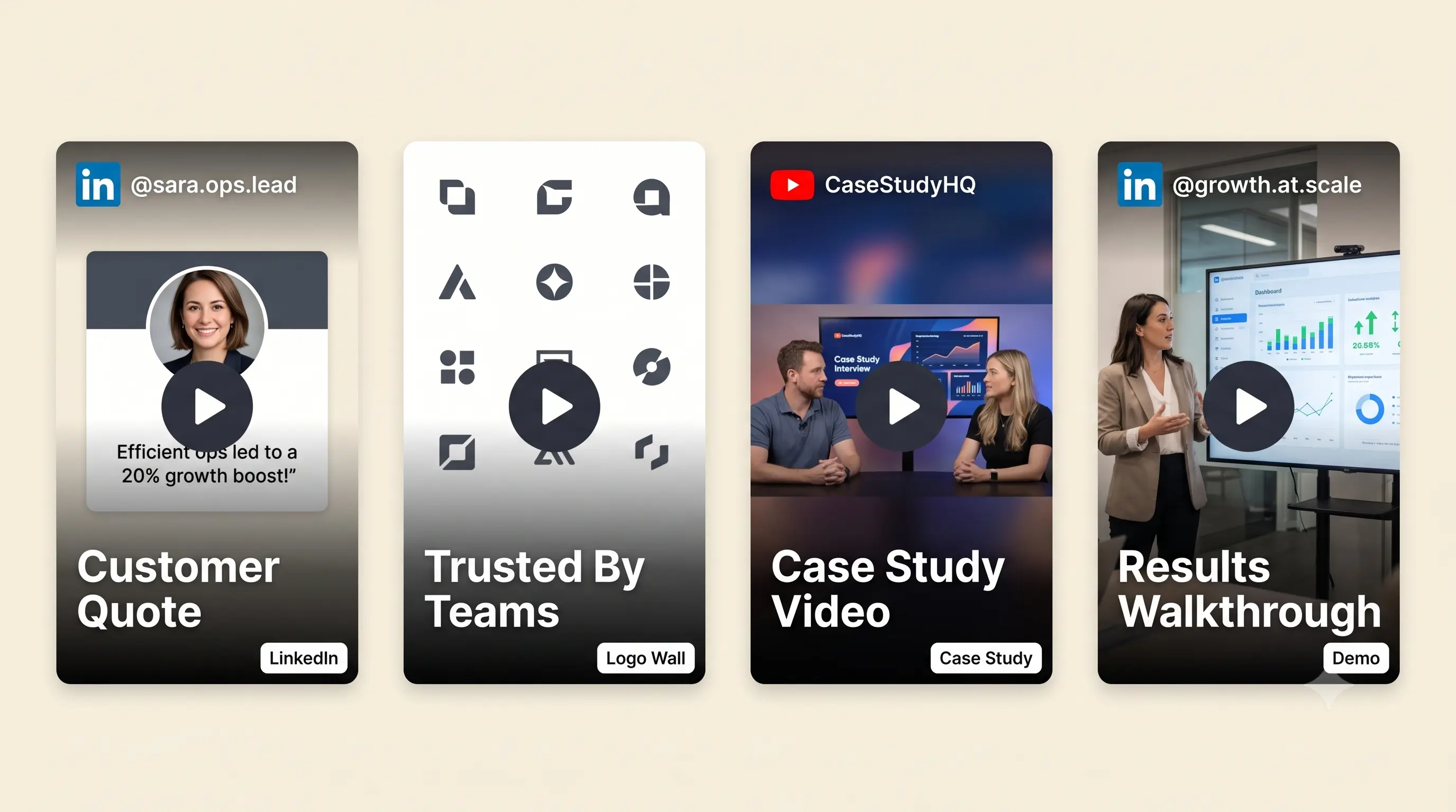 Sample shoppable UGC cards for B2B + SaaS: customer logo wall, LinkedIn quote, case-study snippet