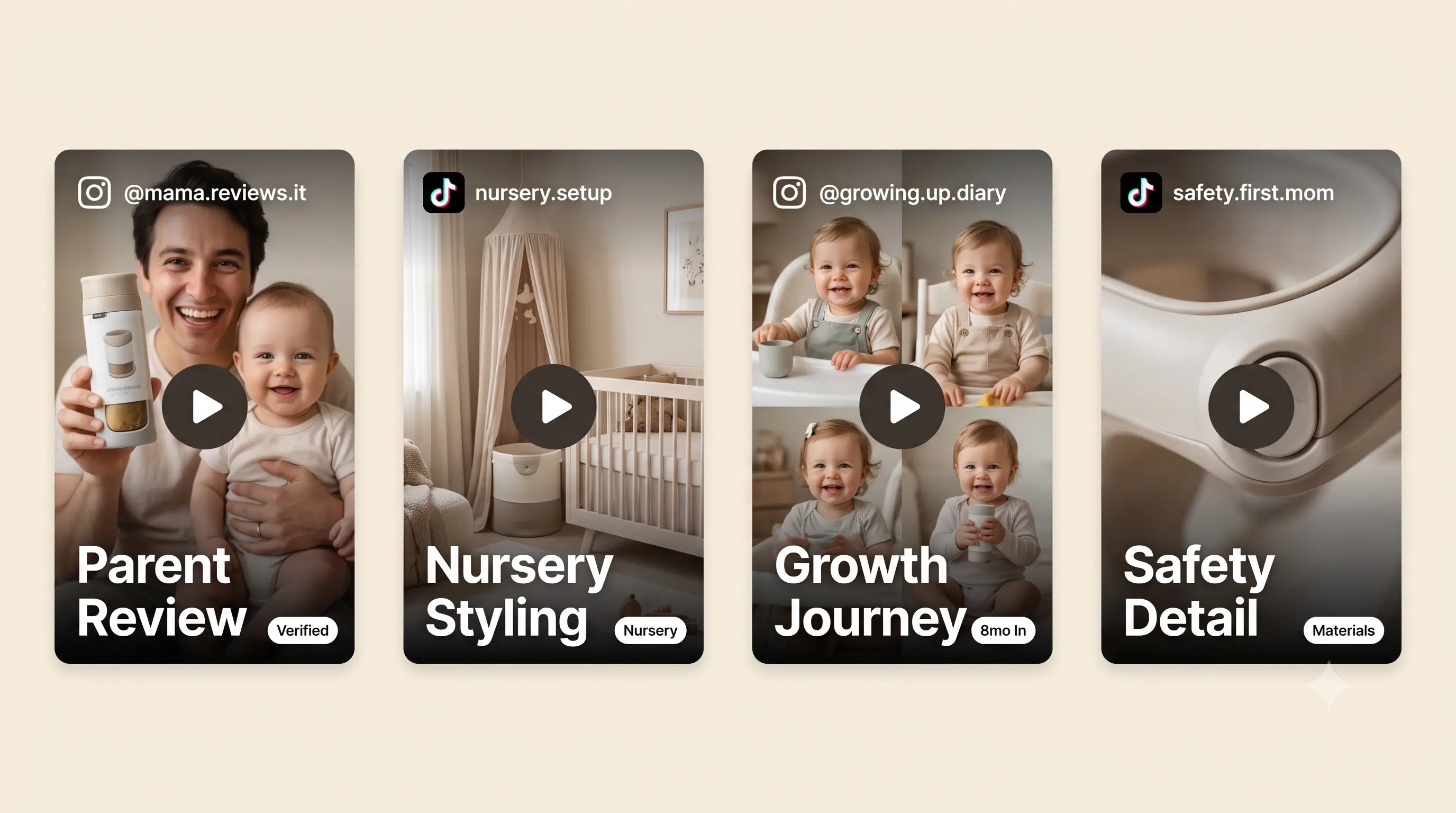Sample shoppable UGC cards for baby + kids: nursery styling, growth journey, parent review