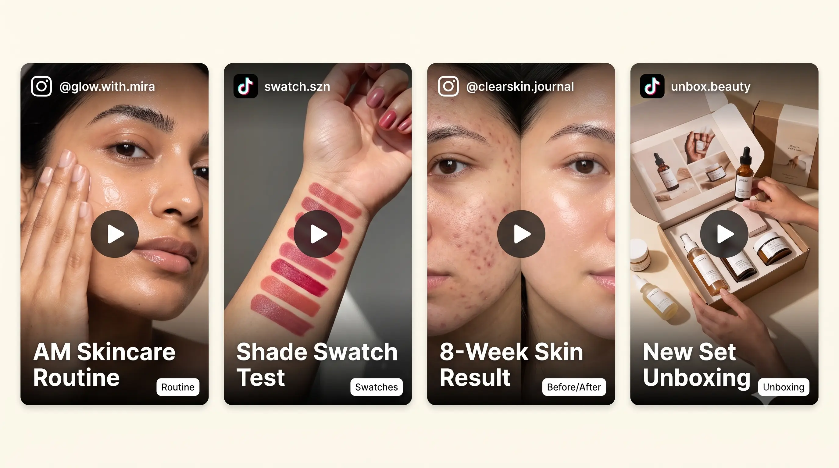 Sample shoppable UGC cards for beauty: skincare routine, makeup swatch, before/after transformation