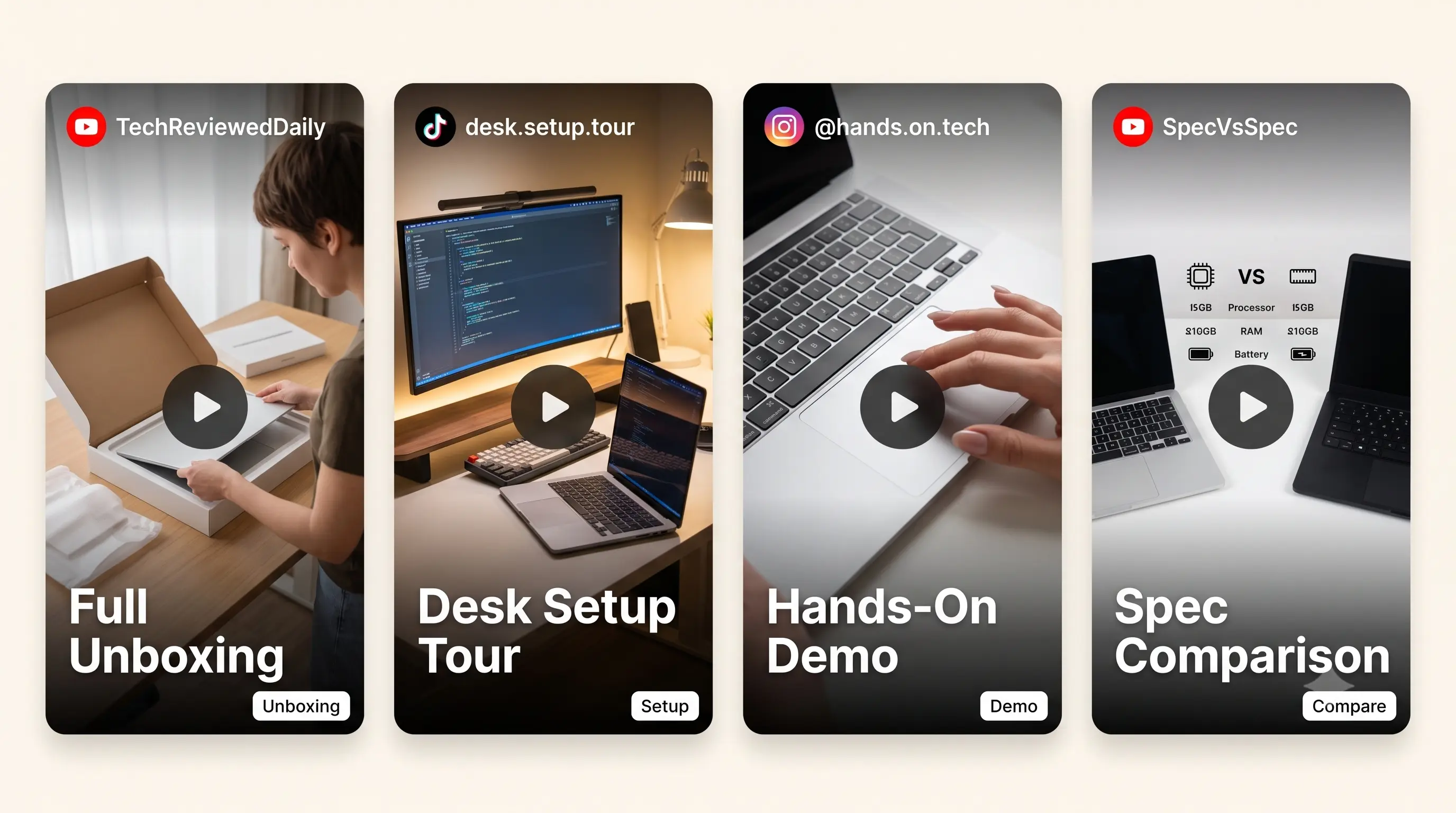 Sample shoppable UGC cards for consumer electronics: unboxing, desk setup, hands-on demo