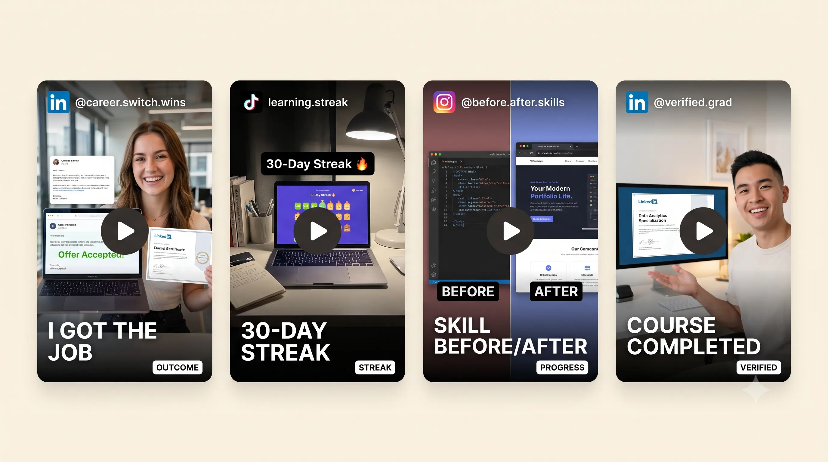 Sample shoppable UGC cards for EdTech: learner outcome story, study streak, certificate moment