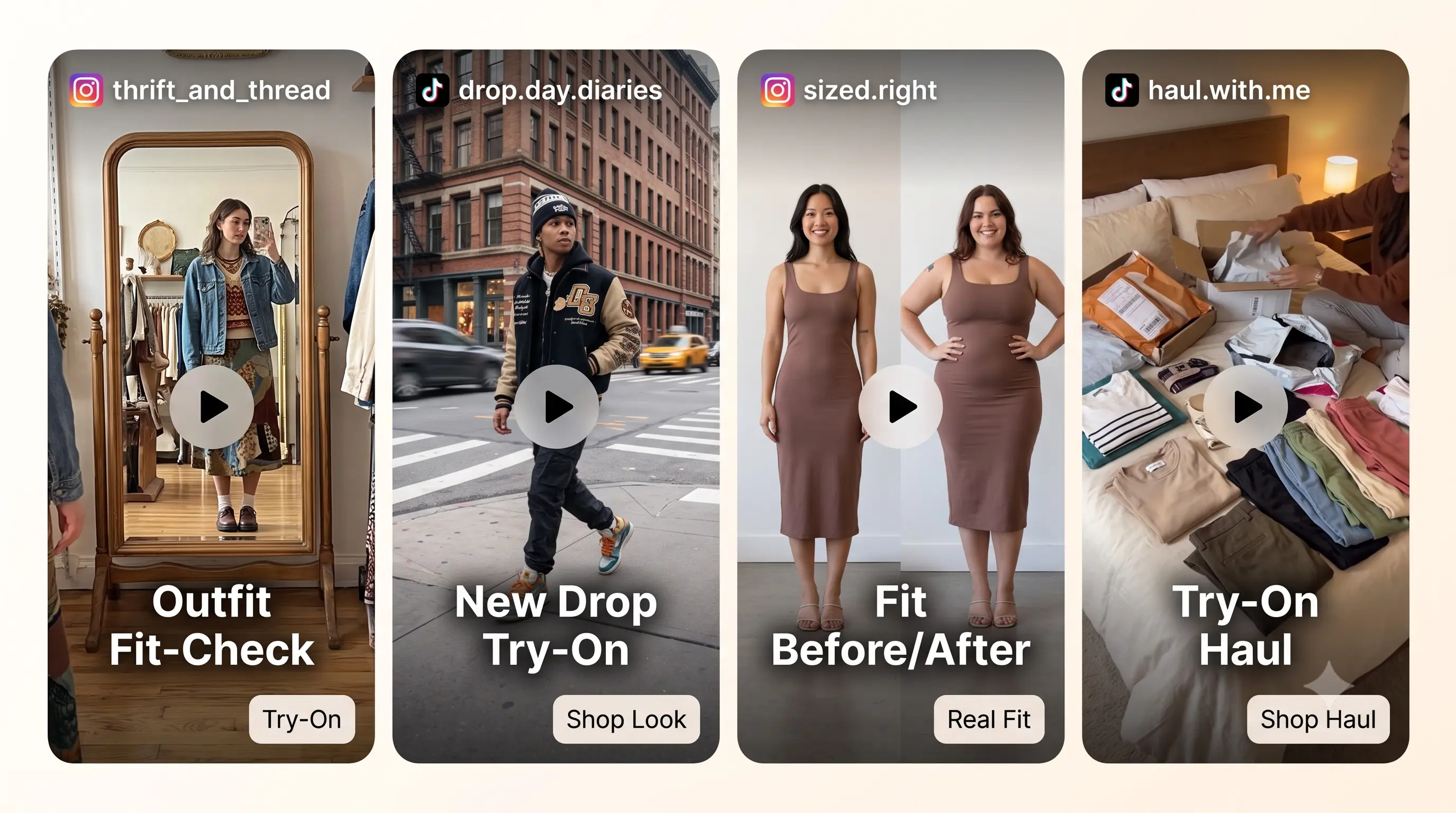 Sample shoppable UGC cards for fashion: outfit fit-check, streetwear lookbook, runway-to-real-life style