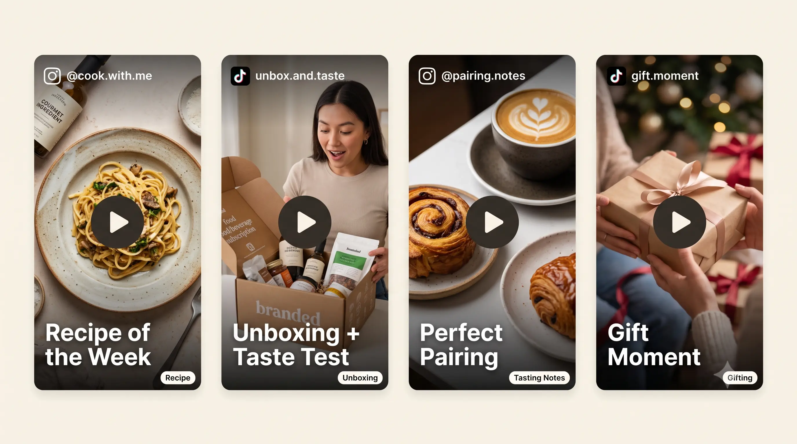 Sample shoppable UGC cards for food + beverage: recipe shot, unboxing reel, tasting note