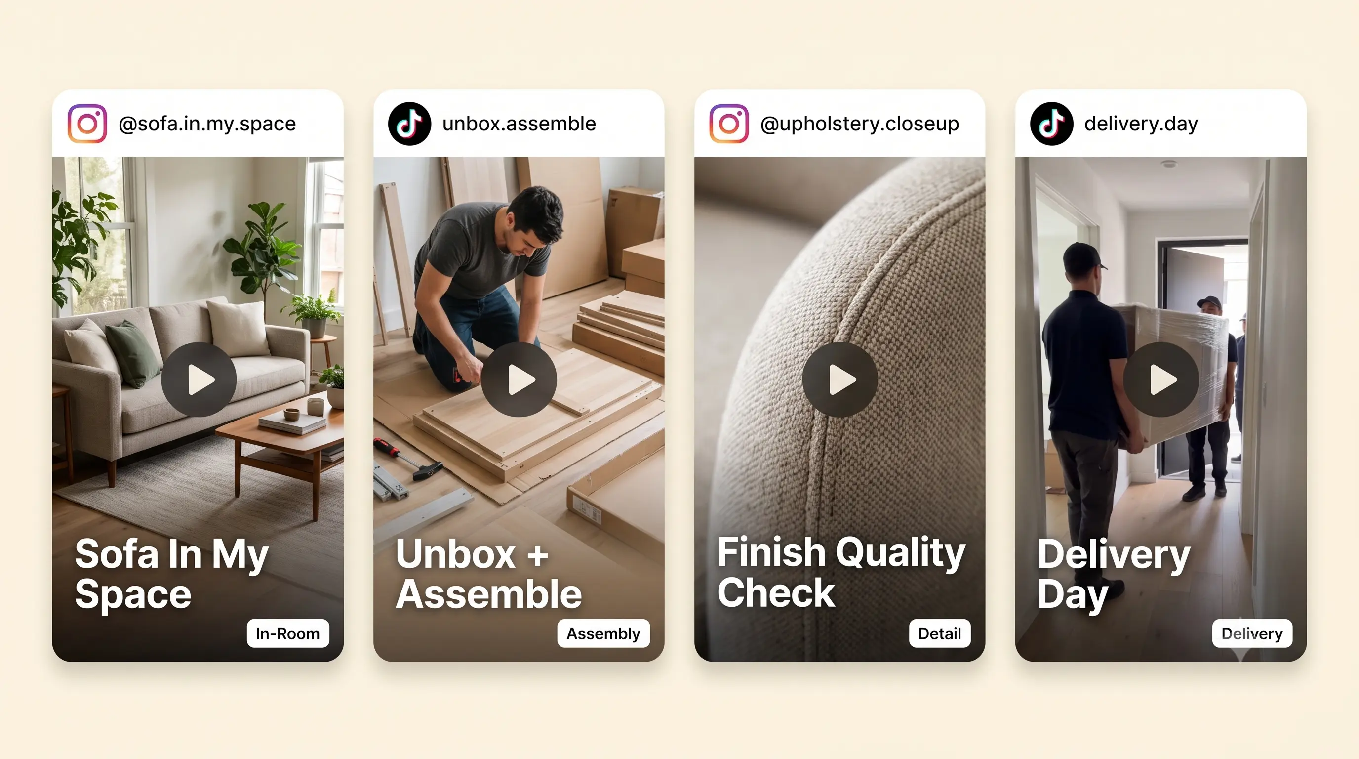 Sample shoppable UGC cards for furniture: living room setup, in-context scale shot, material close-up