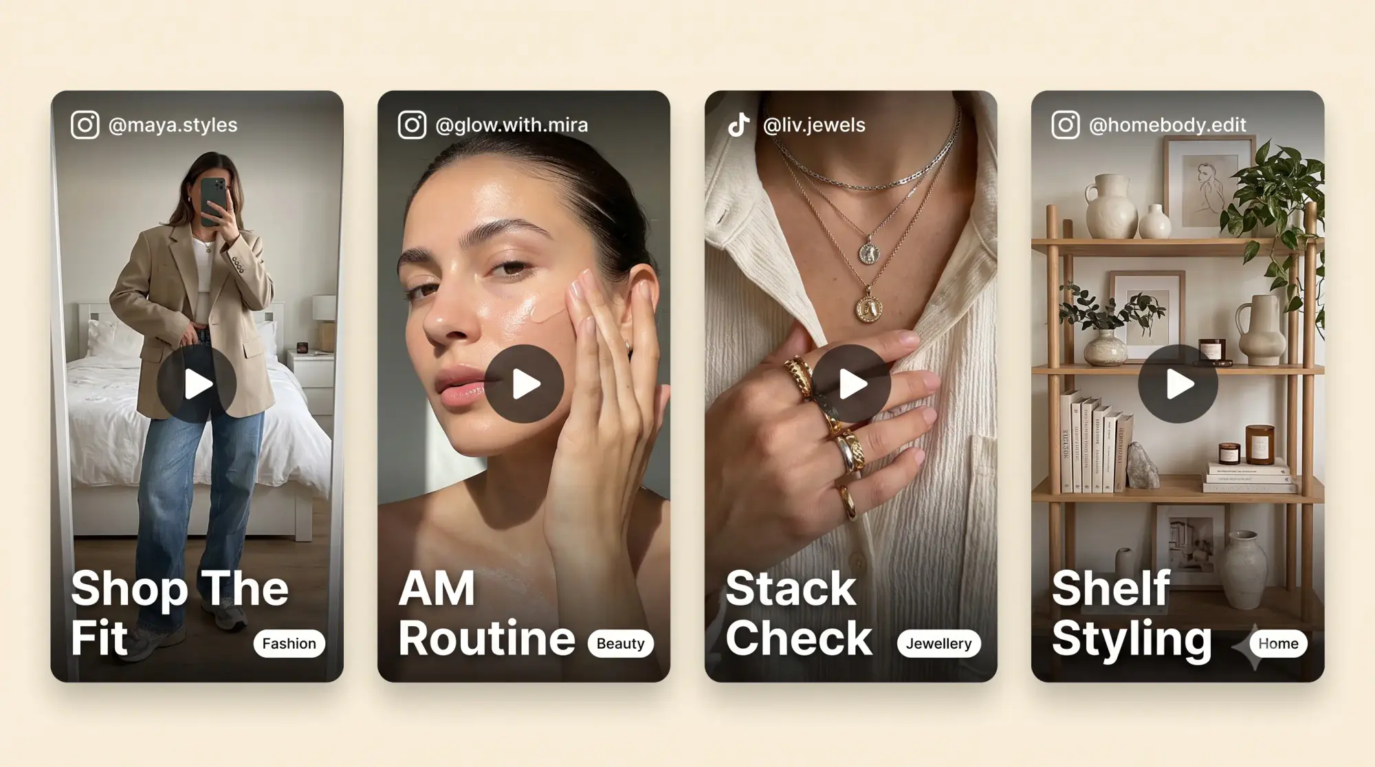 Sample shoppable UGC cards across categories: fashion fit-check, beauty routine, jewellery macro, home styling