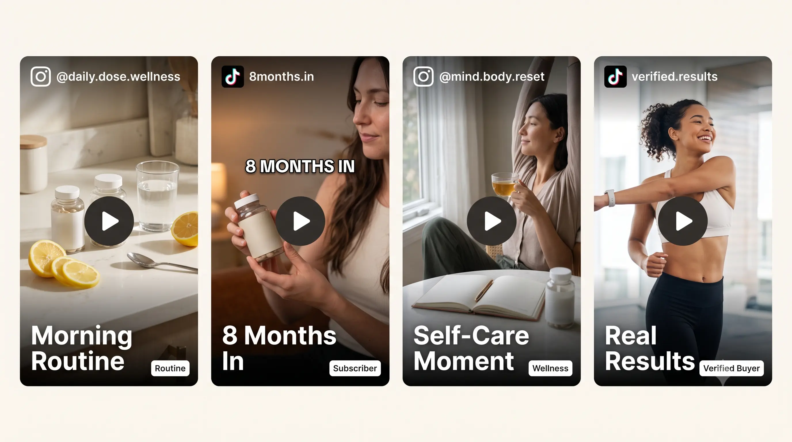 Sample shoppable UGC cards for health + wellness: supplement routine, workout result, self-care moment