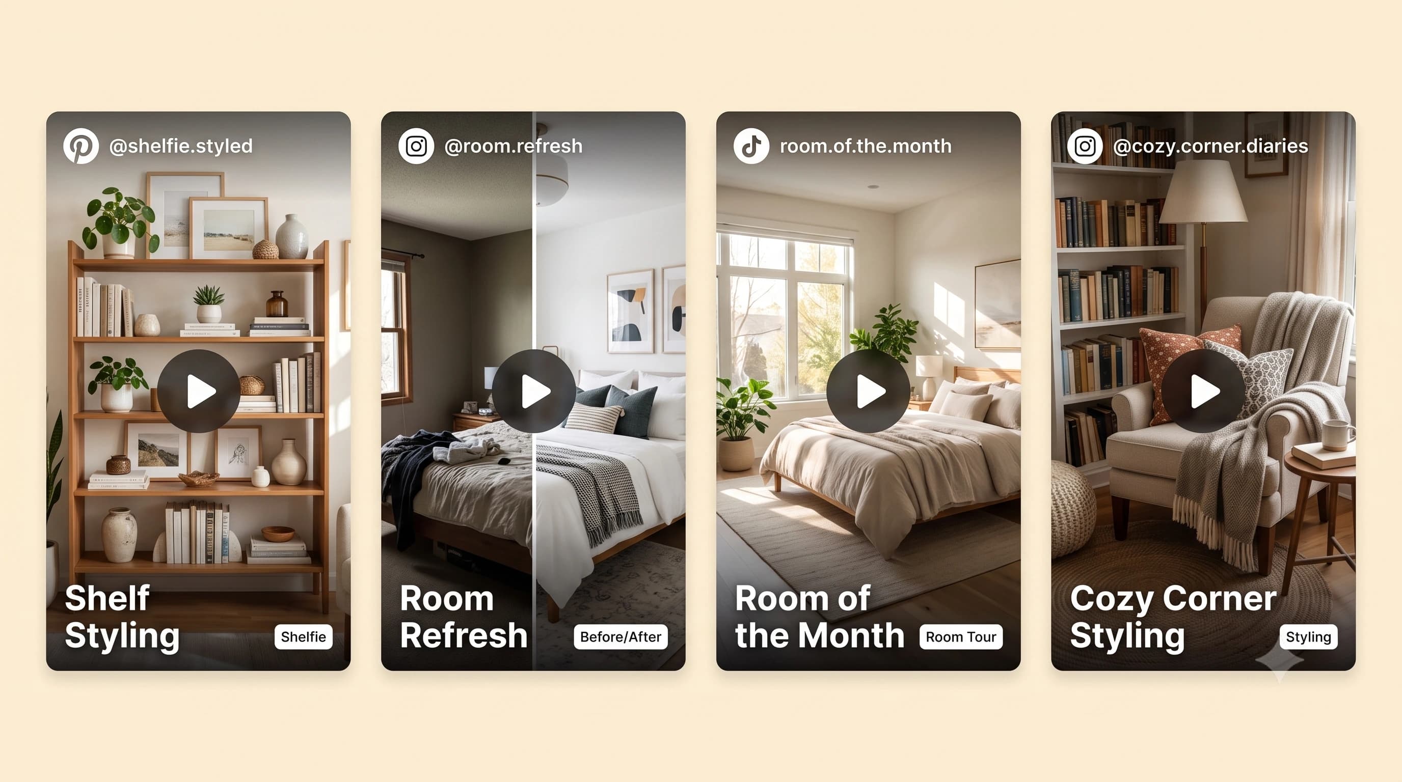 Sample shoppable UGC cards for home + lifestyle: styled shelfie, in-room visualisation, decor detail