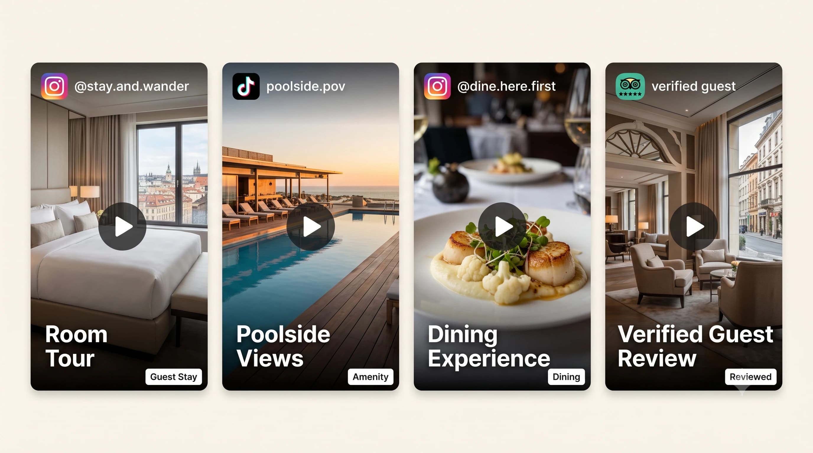 Sample shoppable UGC cards for hospitality: guest room tour, pool view, dining experience