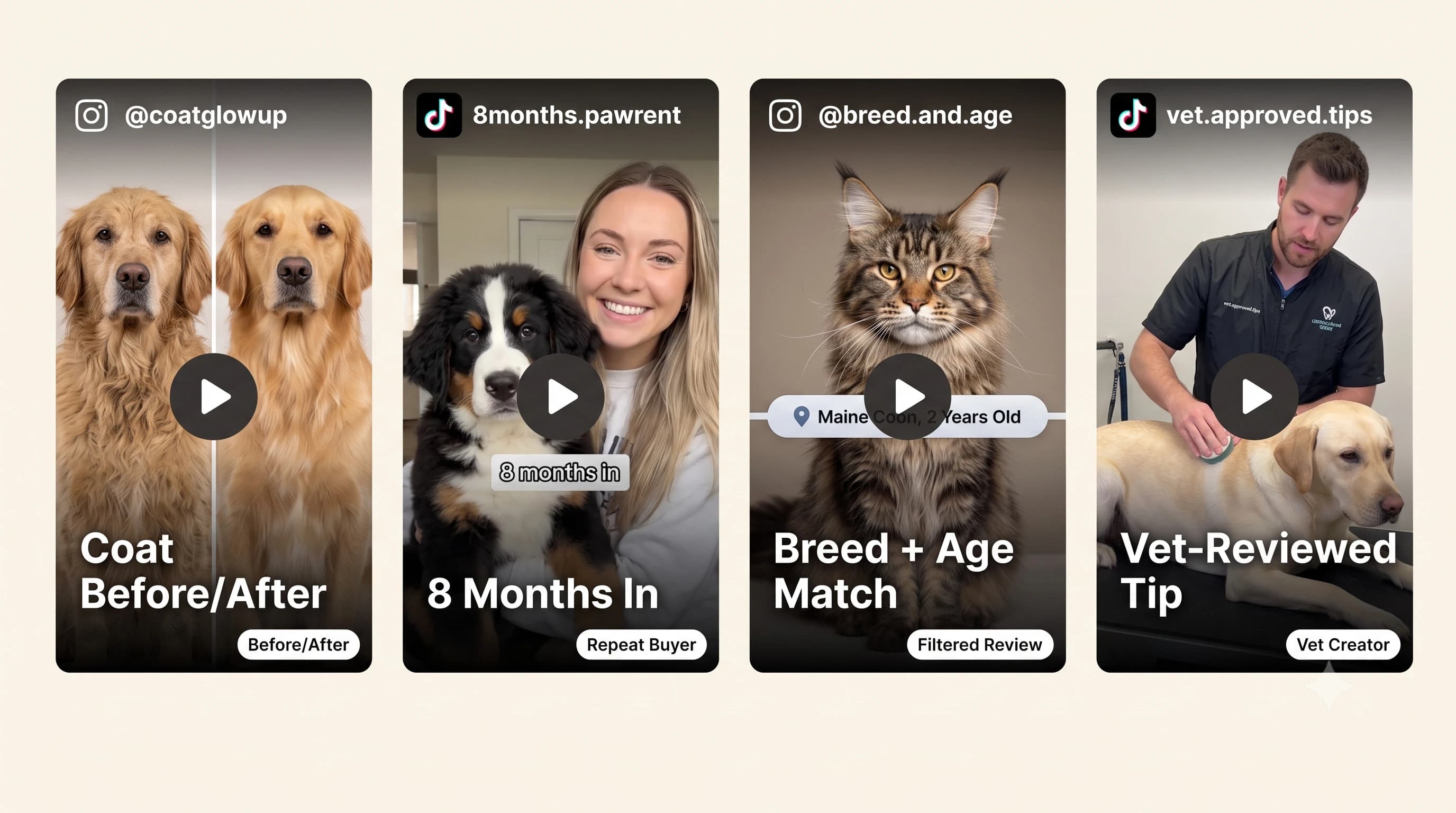 Sample shoppable UGC cards for pet care: before/after coat, pet parent review, product in use