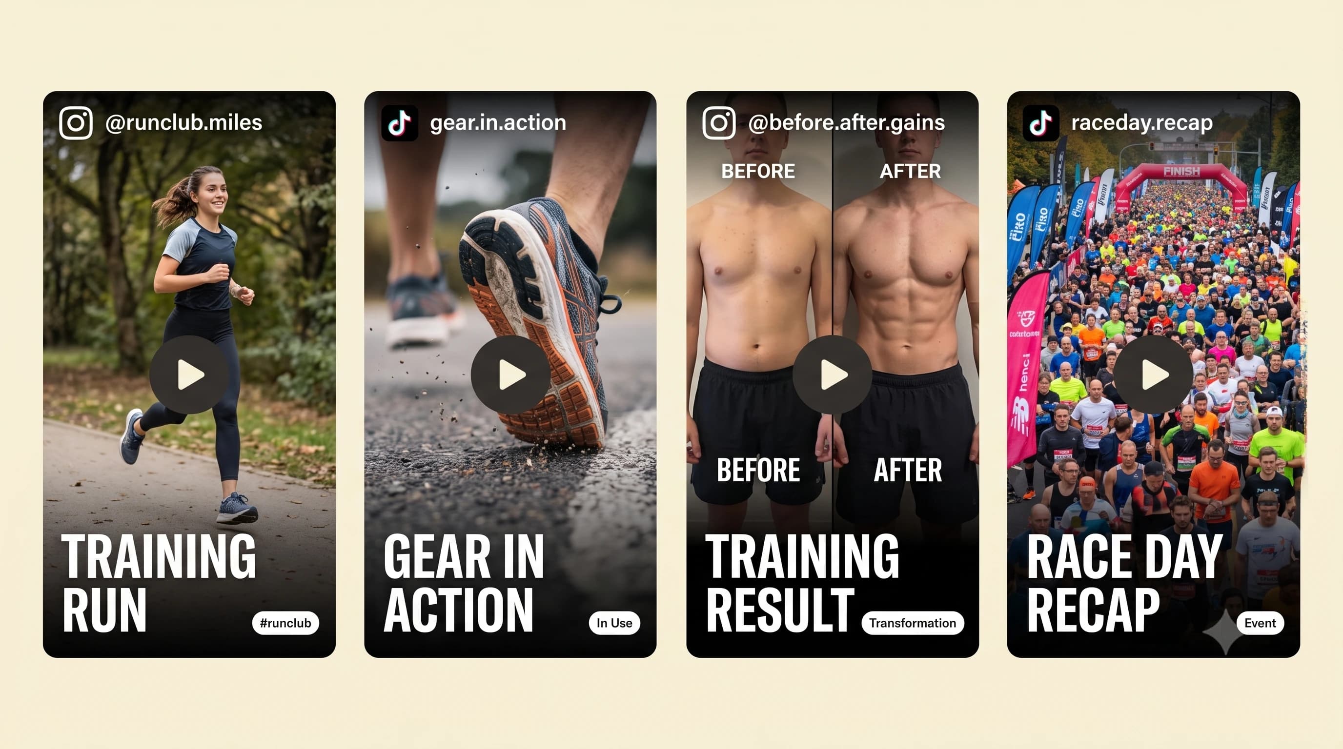 Sample shoppable UGC cards for sporting goods: training session, gear close-up, athlete testimonial