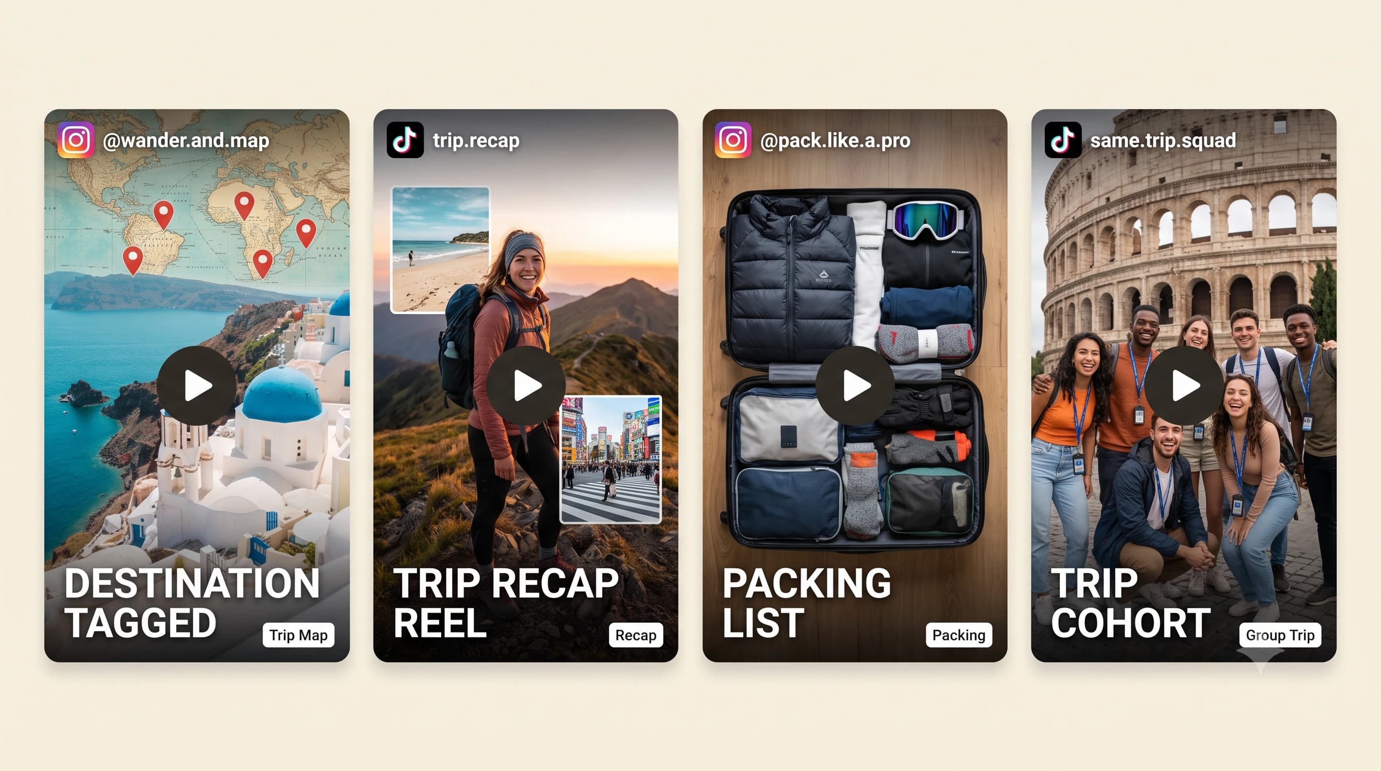 Sample shoppable UGC cards for travel: trip reel, packing list, destination itinerary