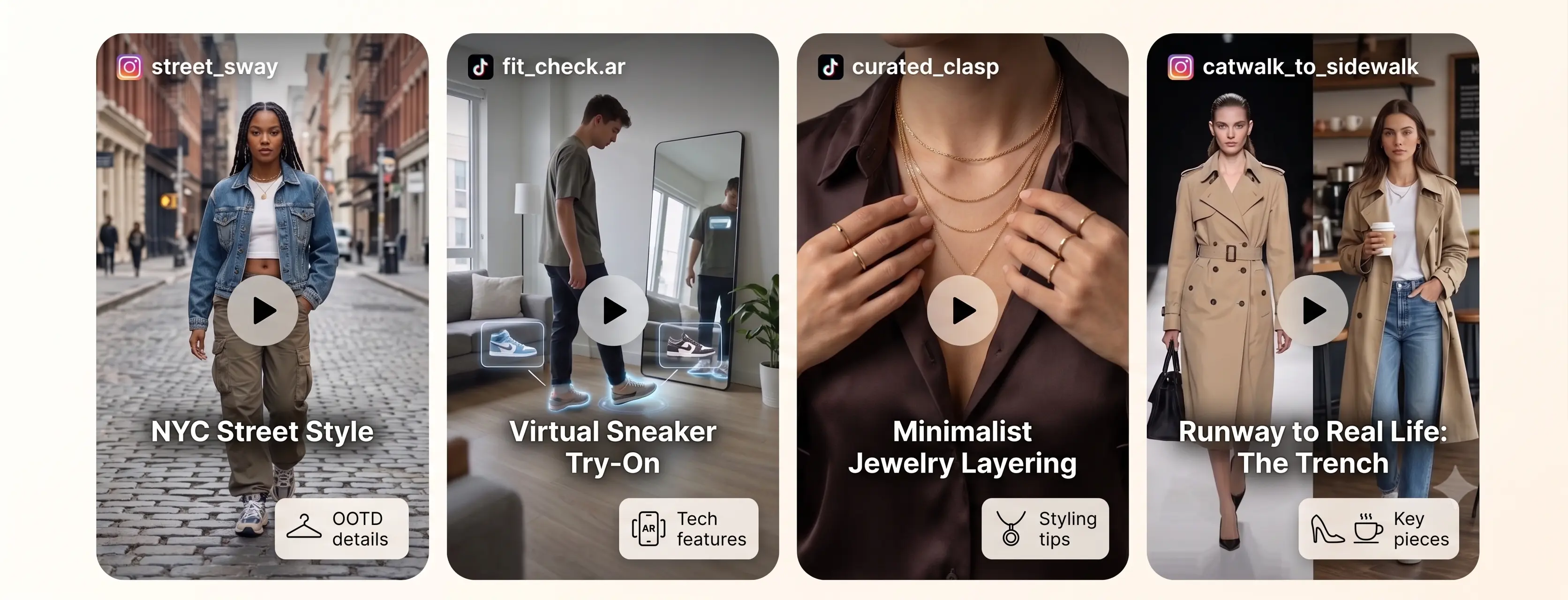Sample shoppable UGC cards: NYC street style, virtual sneaker try-on, minimalist jewelry layering, and runway-to-real-life looks