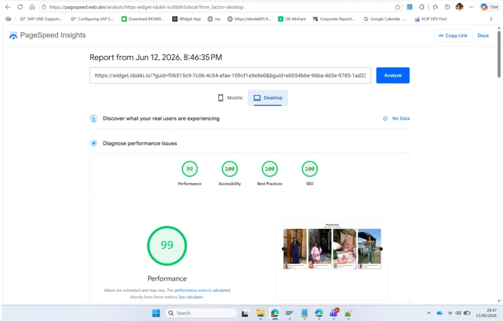 Google PageSpeed Insights desktop report for the Idukki widget — 99 Performance, measured 12 Jun 2026