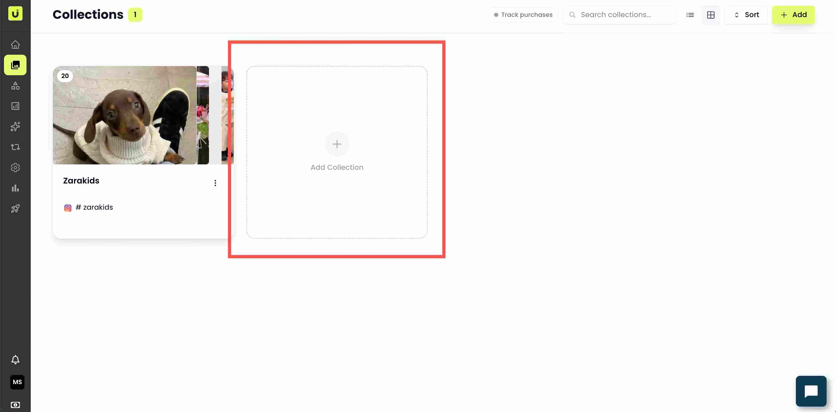 The Add Feed button on a collection