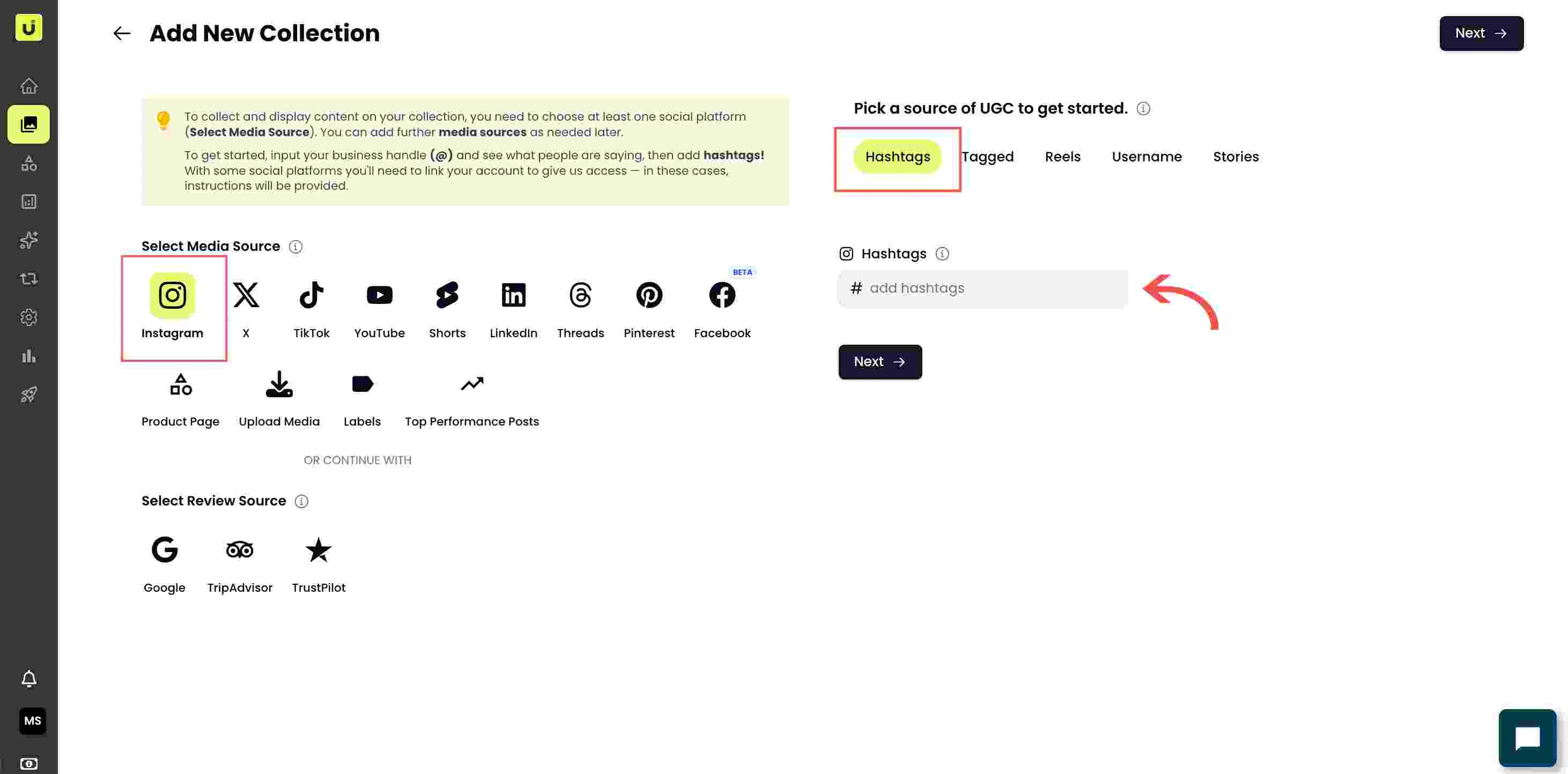 Feed type tabs for the selected network