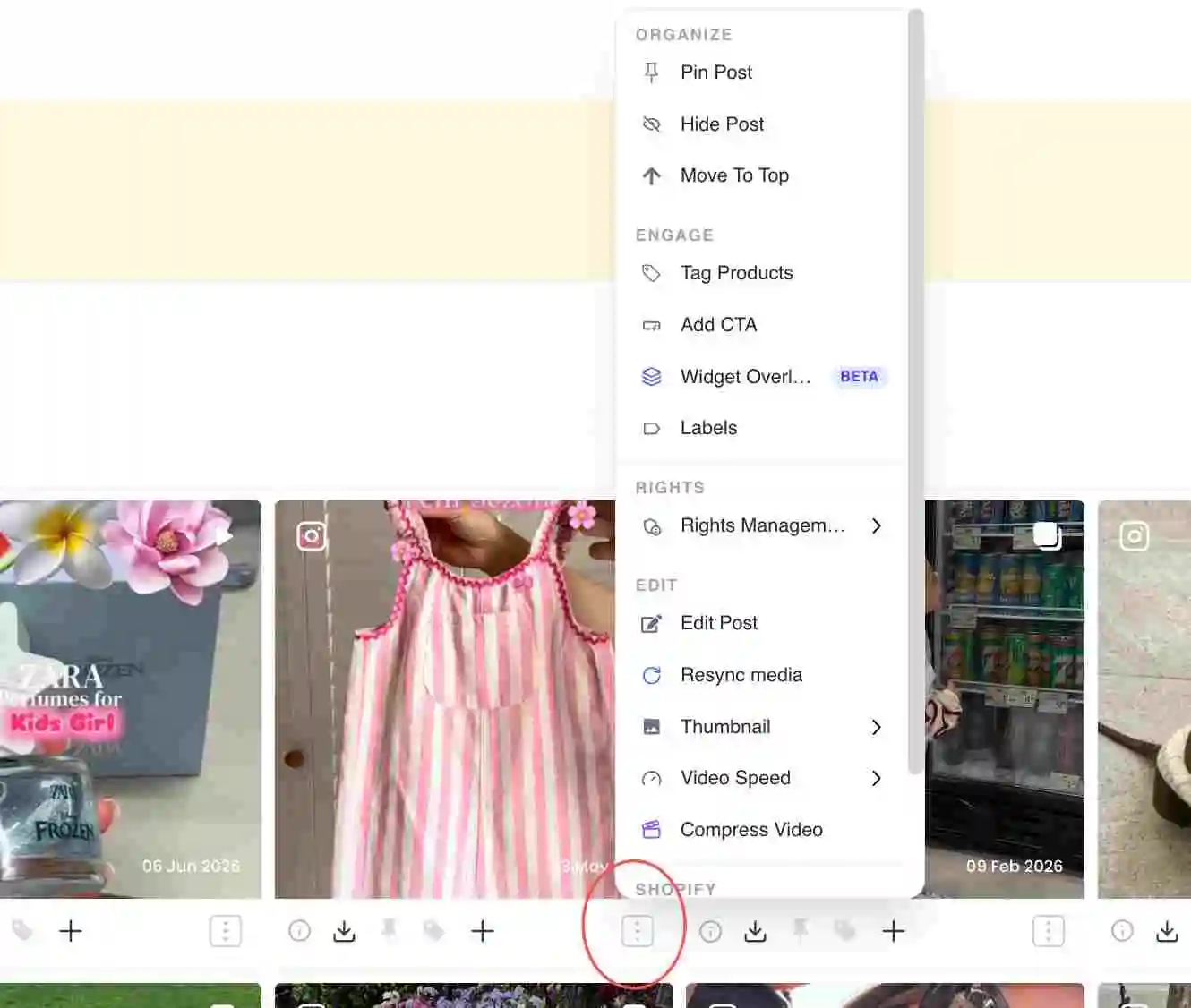 A collection grid with the three-dot actions menu on a post card