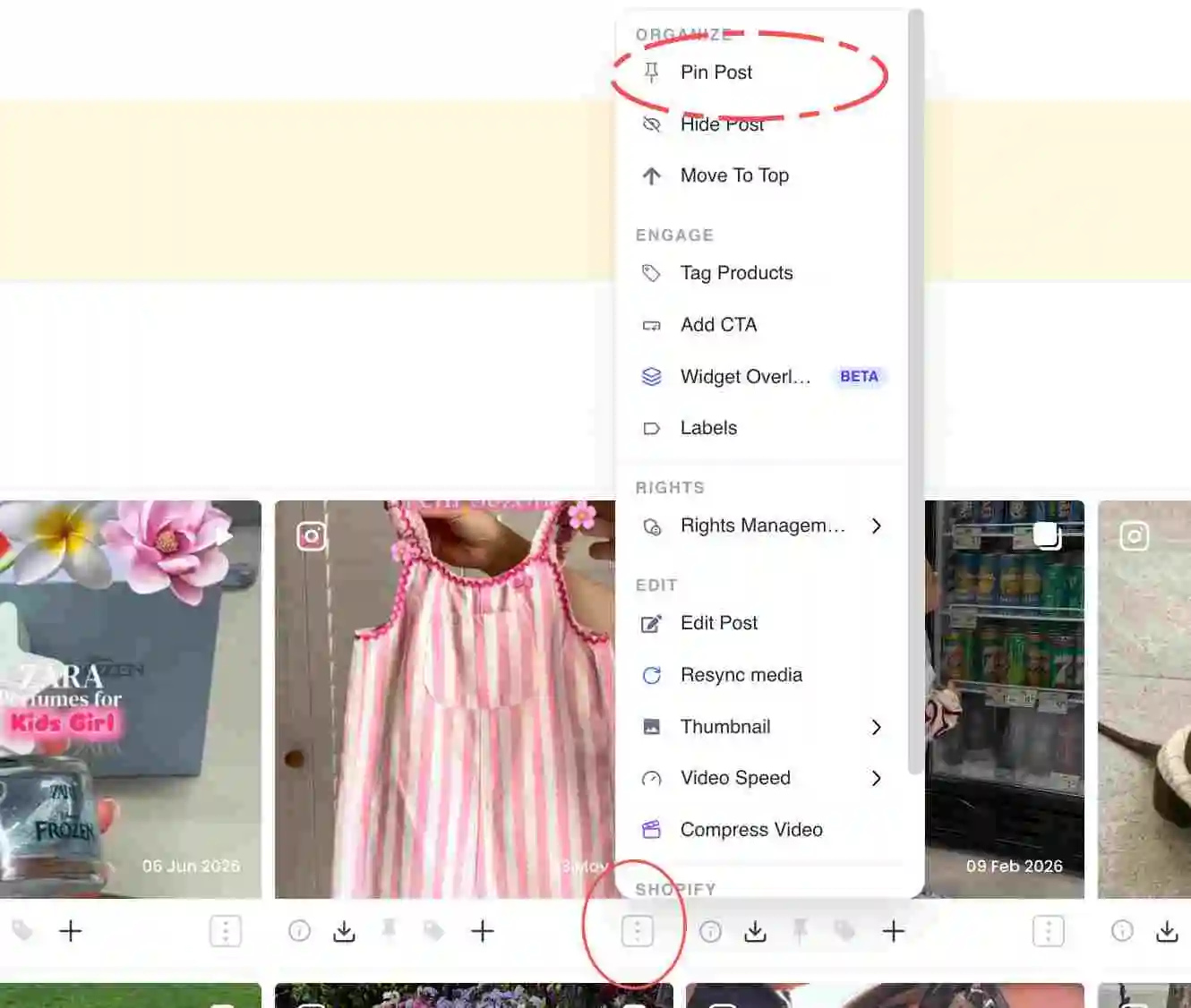 The post actions menu showing Organize, Engage and Rights sections
