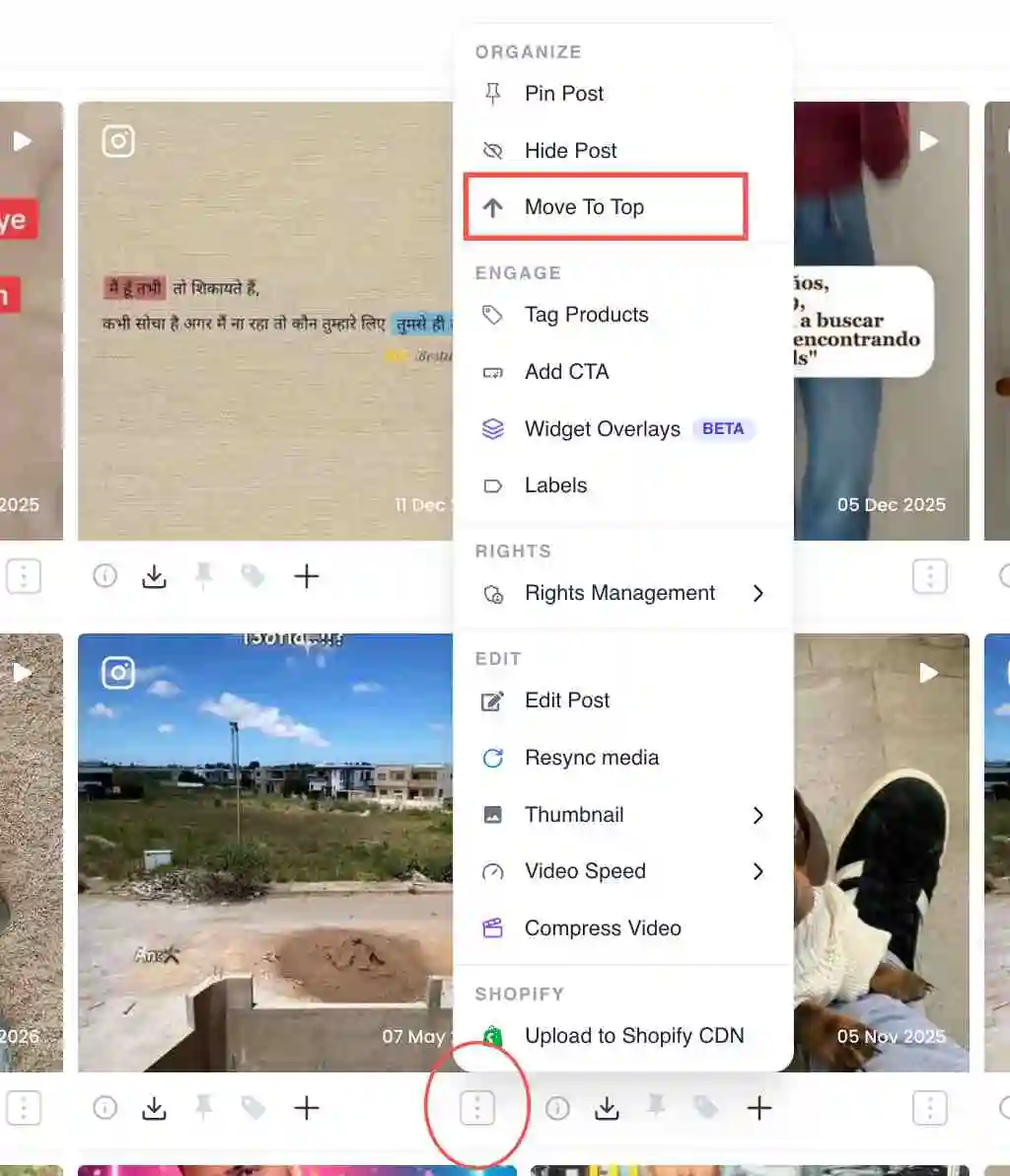 Move To Top option under the Organize section