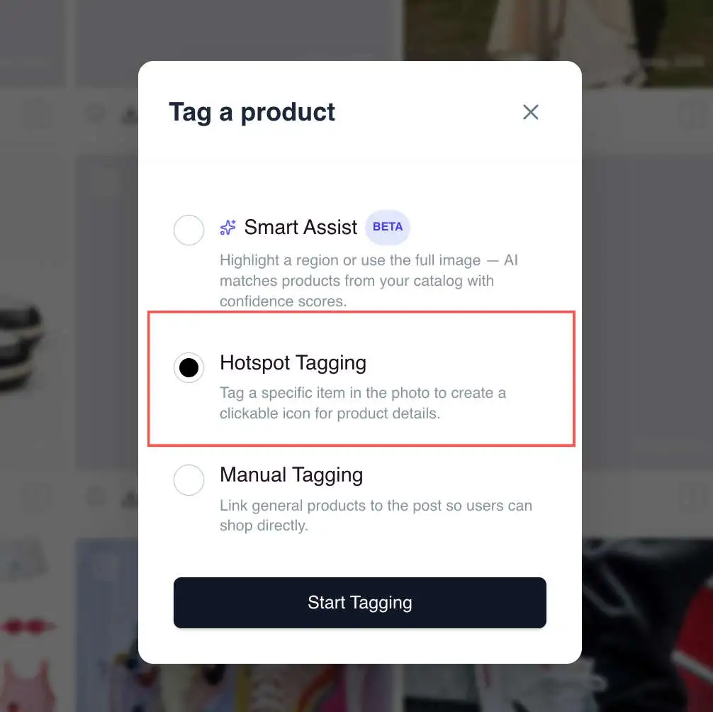 Hotspot Tagging option in the Tag a product dialog