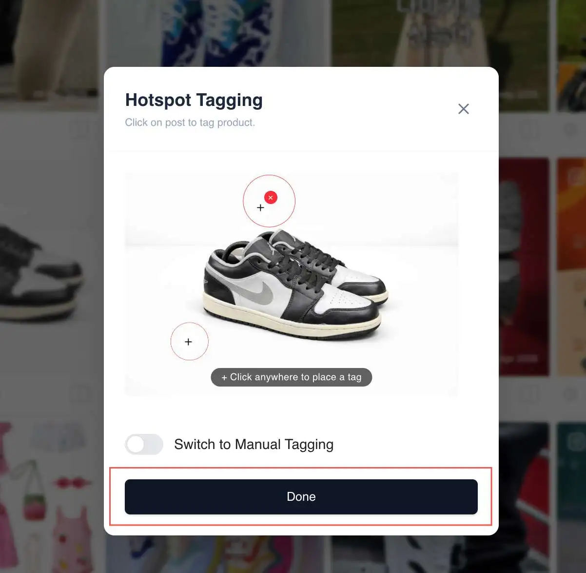 Placing a hotspot pin on a product in the photo