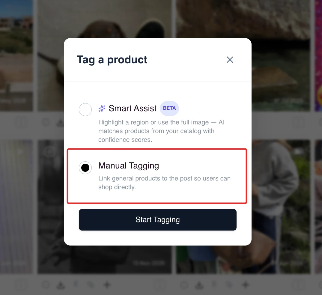 The Tag a product dialog showing Smart Assist, Hotspot Tagging and Manual Tagging