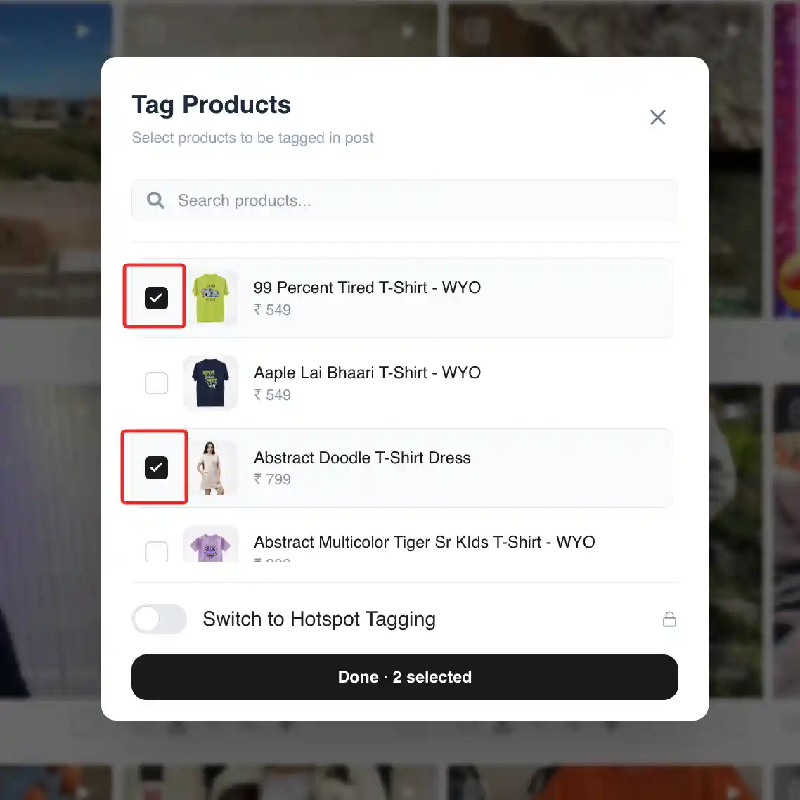 Product search and select list in the manual tagging dialog