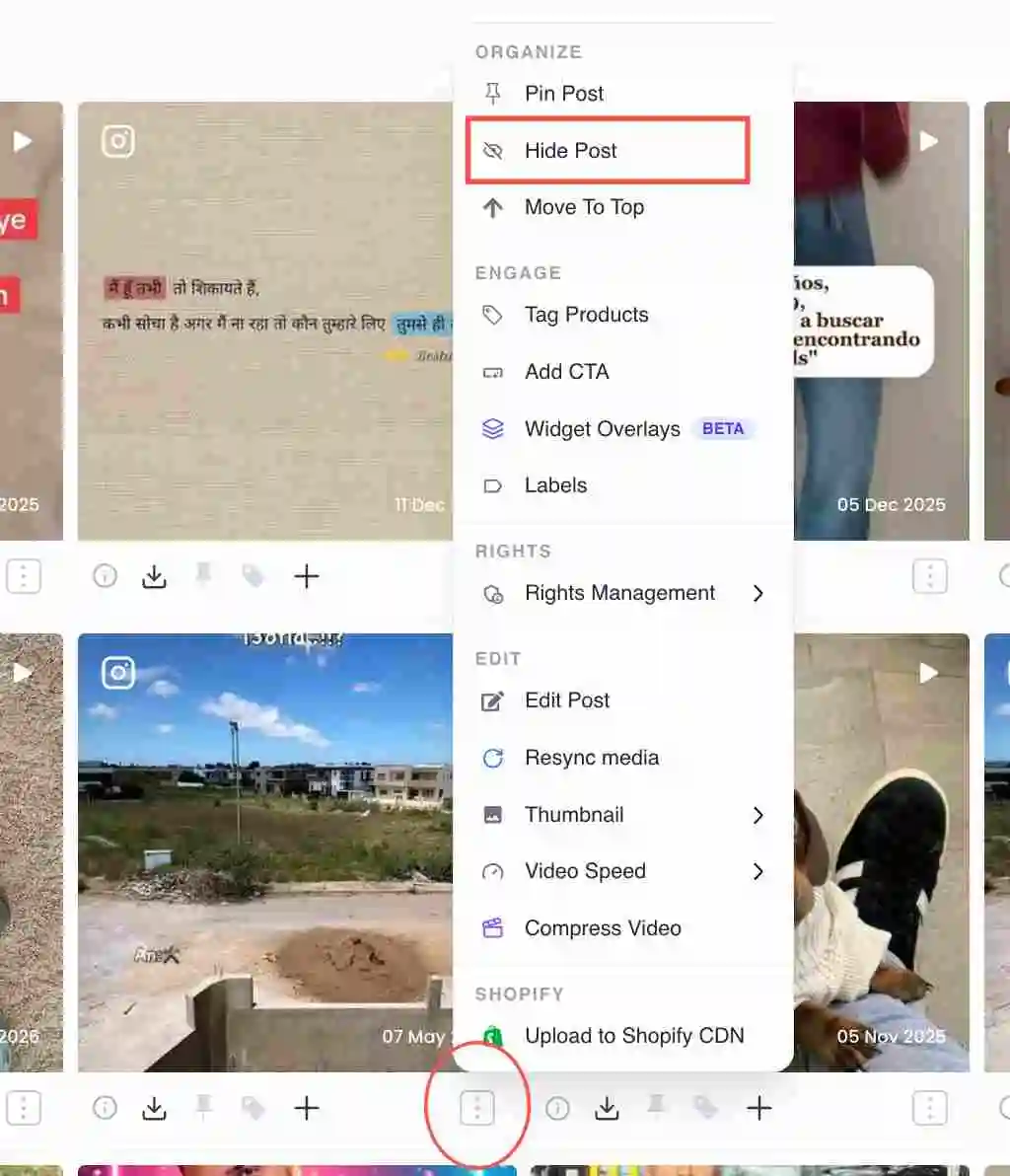Hide Post option under the Organize section of the post menu
