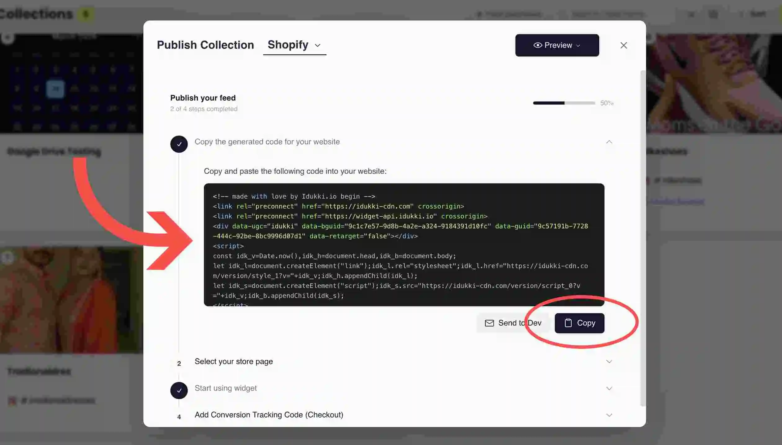 The generated embed code with a Copy button