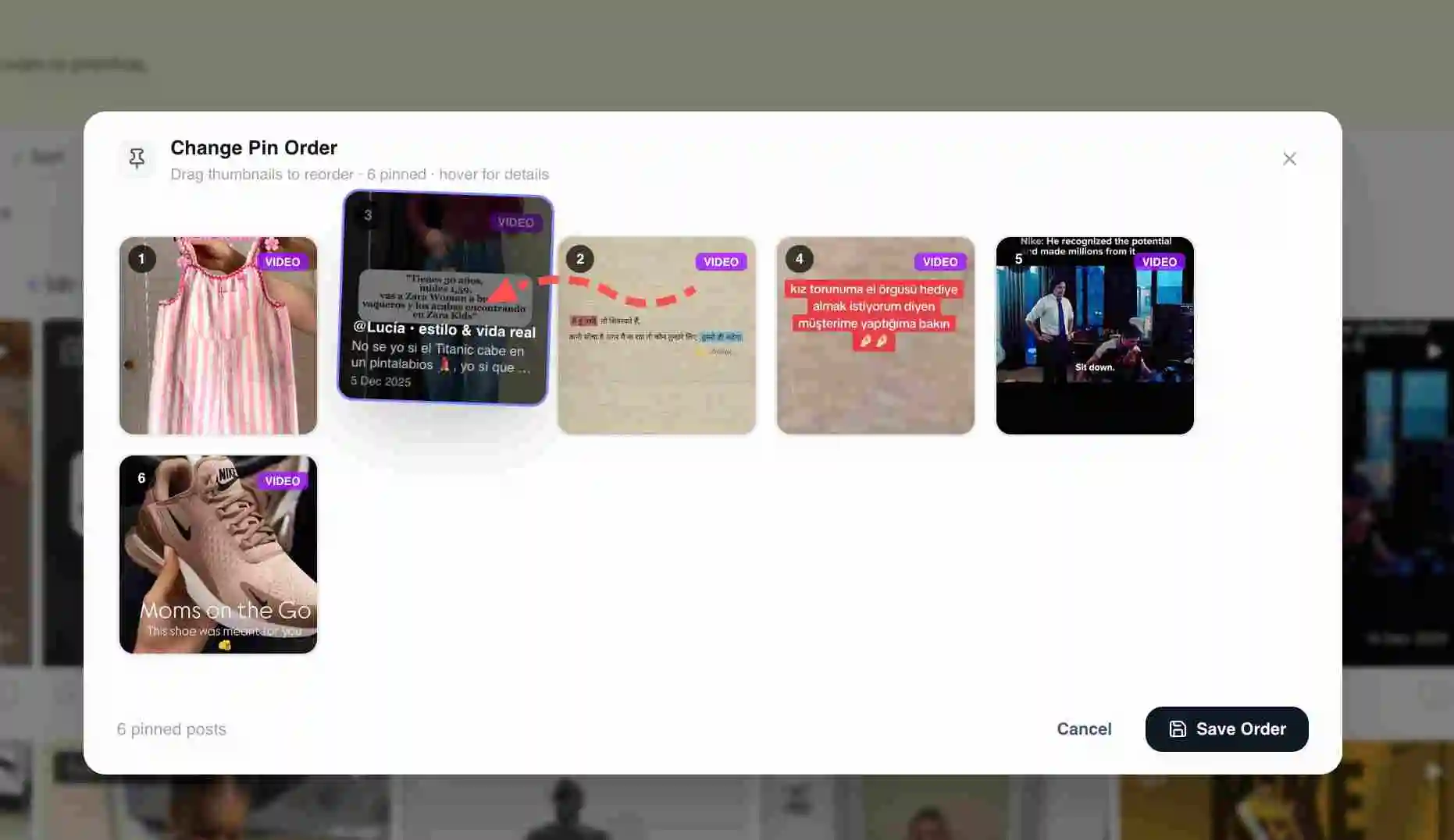 Pinned-order tool with draggable pinned posts