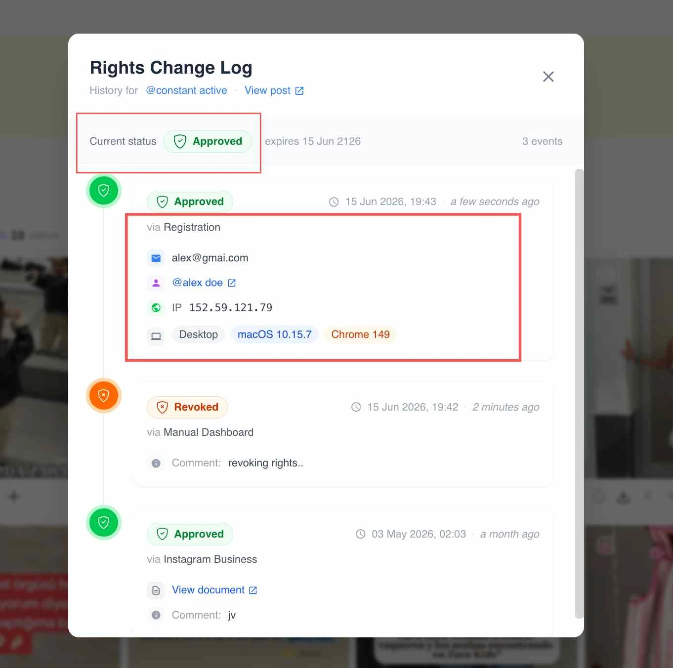 The rights Change Log timeline for a post