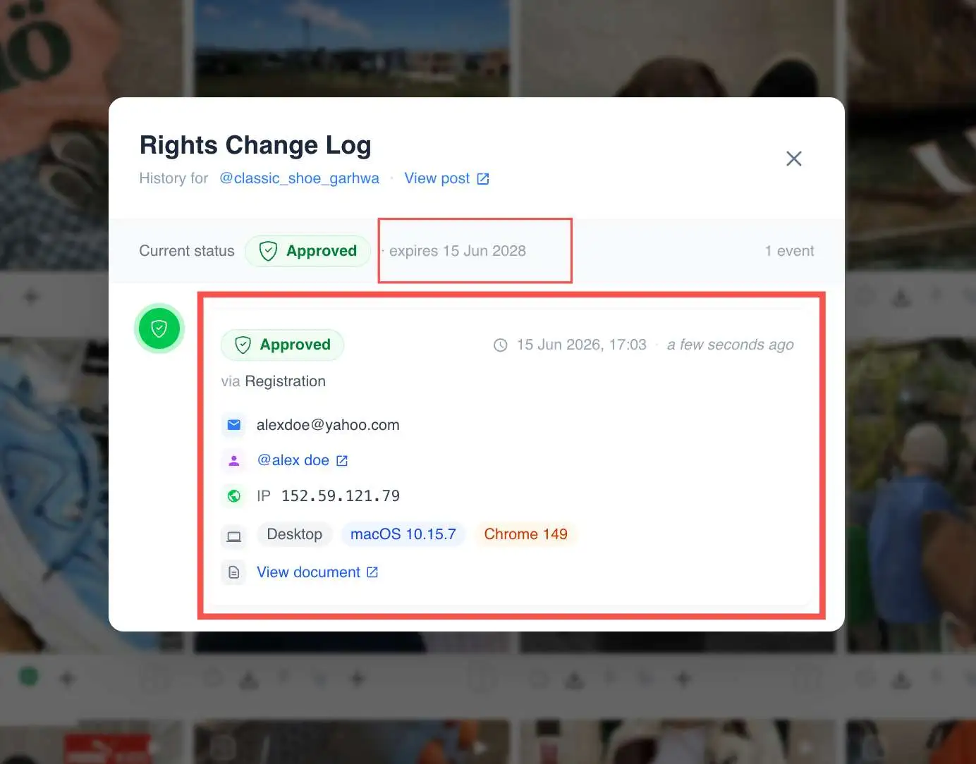 The rights Change Log for a post