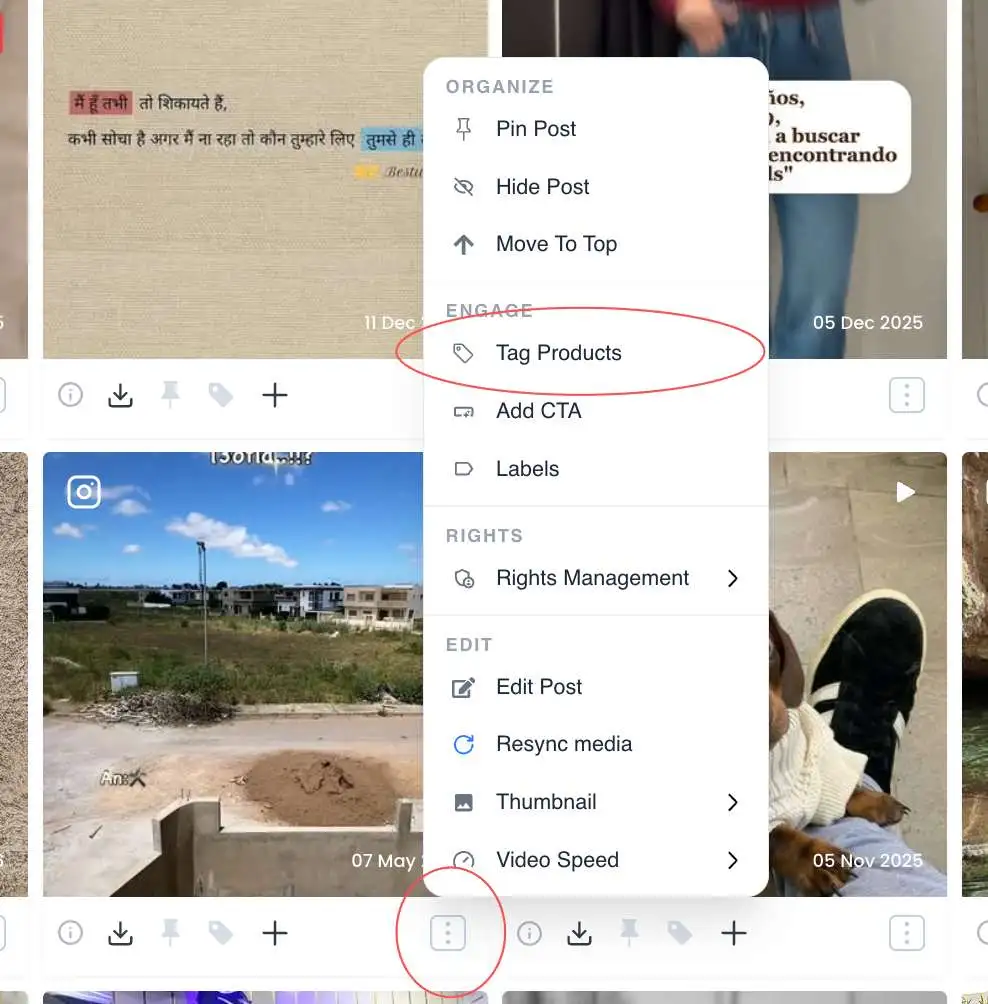Tag Products option under the Engage section of the post menu