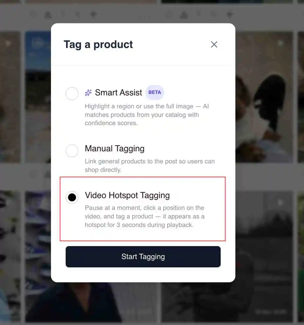 Video Hotspot Tagging option in the Tag a product dialog