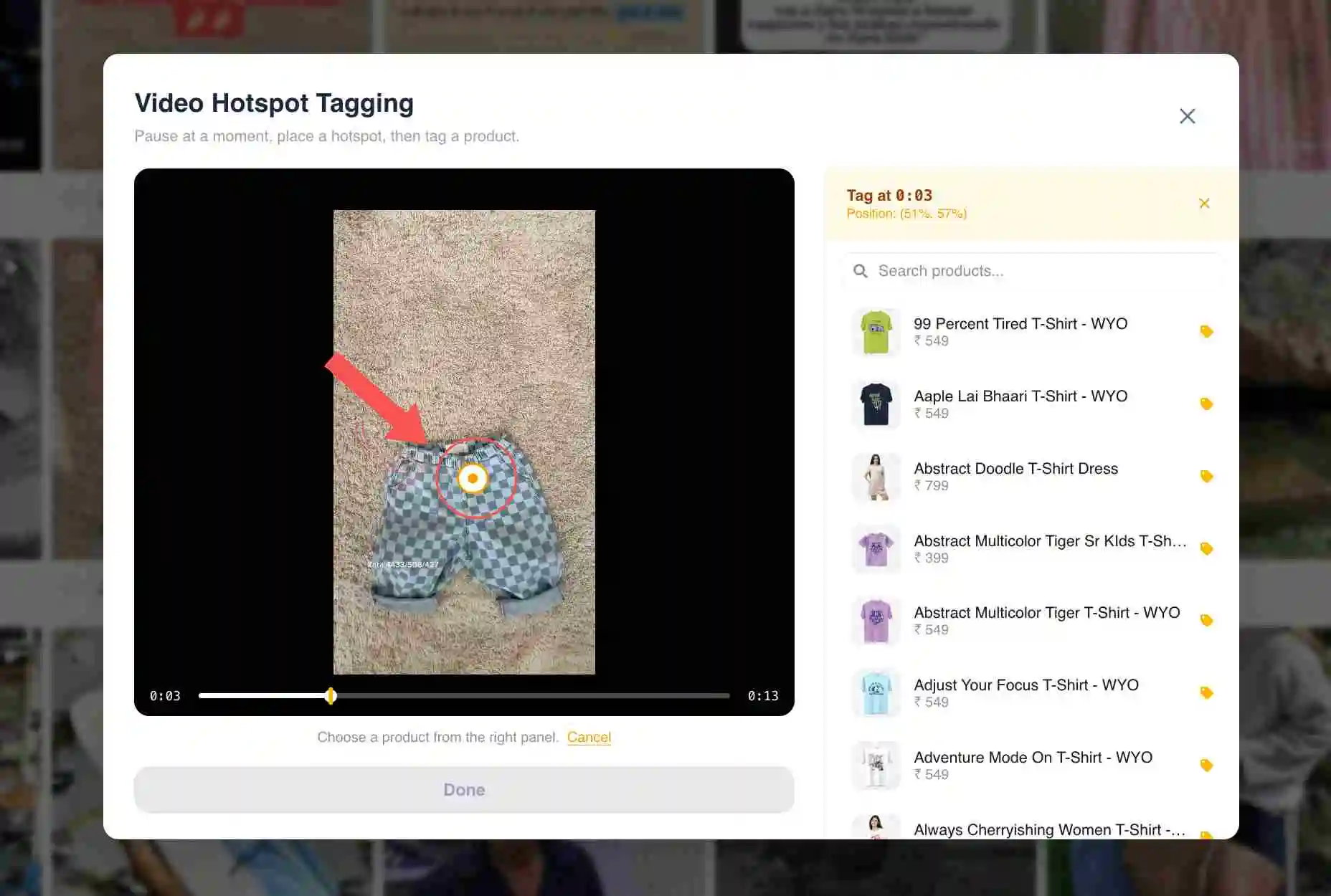 Video paused at the frame where a product appears