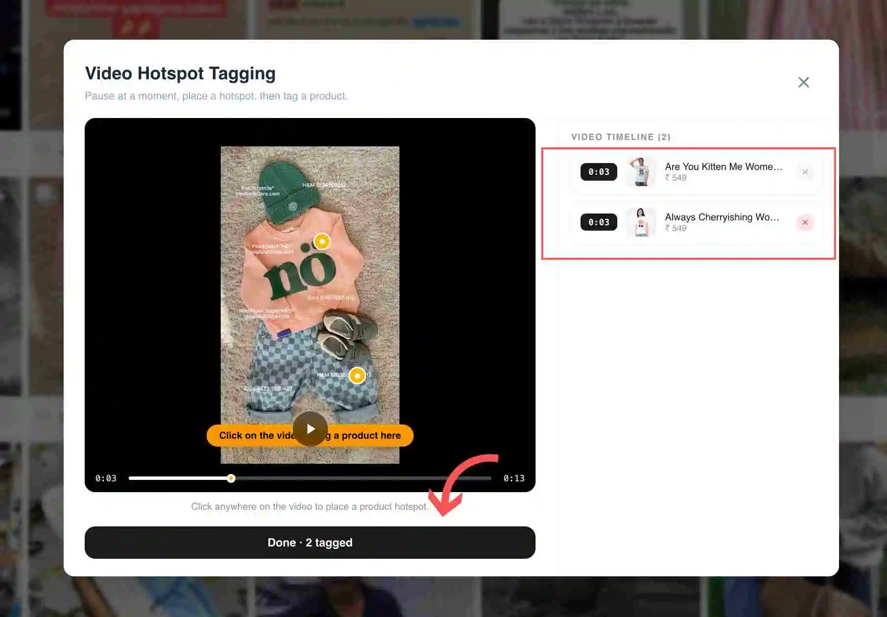 Clicking a position on the video frame to place a timed product hotspot