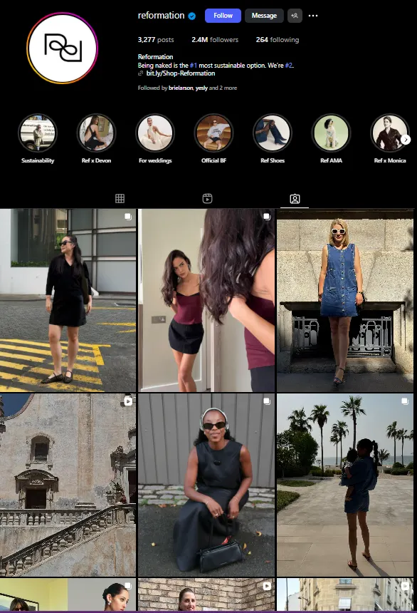 They created an army. At first, they sponsored a handful of dedicated fitness creators who felt like one of the tribe. Relatable, but aspirational. This lit a fire. Suddenly, everyone wanted to be a #Gymshark athlete. The hashtag became a living feed of personal records, body transformations, and workout selfies. Gymshark just pours gas on that fire by constantly shouting out its members, making everyone feel like they're part of the inner circle. The lesson here? Don't just sell a product, sell a belonging. Build your own little world with its own heroes and its own language. If people feel like they’re part of a team, they’ll wear the uniform with pride. 4. Reformation (US): Too Cool to Even Ask Reformation is that girl who looks amazing without trying. Their whole vibe is sustainability meets effortless style. Their UGC strategy? It's just as effortless. What they did that worked: